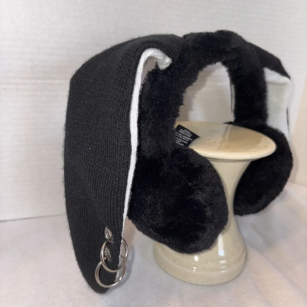 A Pair Of Black, Plush Earmuffs With Poseable Rabbit, Ears, And‎ Earrings.